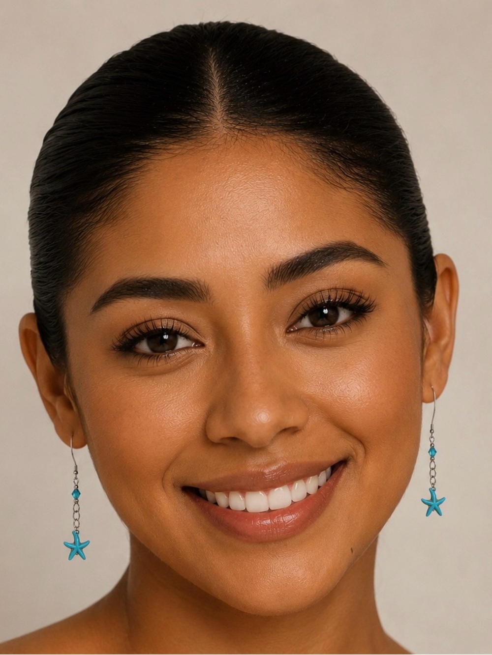 Turquoise Starfish Dangle Earrings with Turquoise Crystal Beads